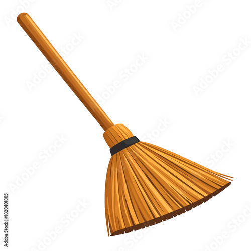 Isolated Rustic Broom with Wooden Handle and Straw Bristles on White Background for Cleaning and Household Chores