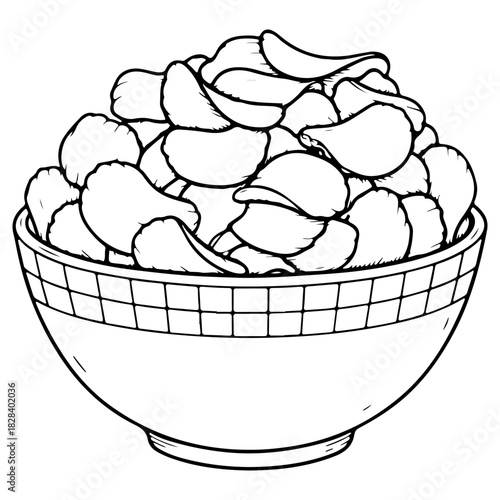 Hand drawn bowl of potato chips illustration isolated on white. High quality black and white sketch perfect for snack menus food packaging and organic design projects.