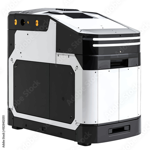 Modern Autonomous Delivery Robot in White and Black with Sleek Design Isolated on White Background in Studio Lighting