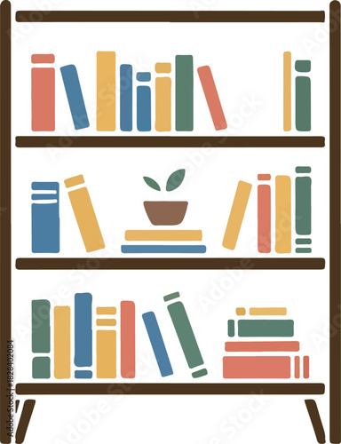 Wooden bookshelf vector illustration filled with various colorful books and a small potted plant