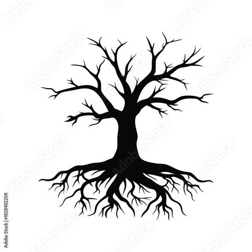 Silhouette of a barren tree with sprawling roots against a white background, dead tree with roots exposed silhouette vector illustration