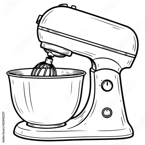 Hand drawn stand mixer illustration isolated on white background. High quality black and white sketch perfect for baking blogs pastry classes and kitchen appliance art.
