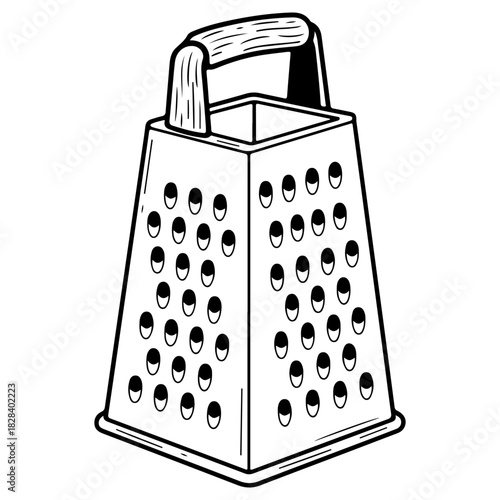 Hand drawn metal box grater illustration isolated on white. High quality black and white sketch perfect for cheese packaging cooking recipes and kitchenware designs.