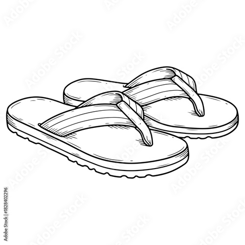 Hand drawn flip flops illustration isolated on white background. High quality black and white sketch perfect for summer vacation themes beach wear and footwear designs.