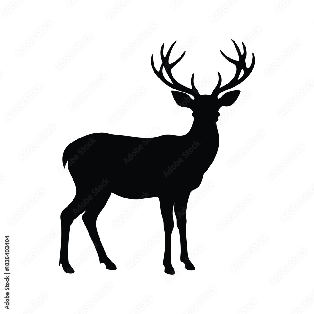 Obraz premium Majestic Deer Silhouette Standing Tall in Stark Contrast Against White Background, deer in forest stance silhouette vector illustration