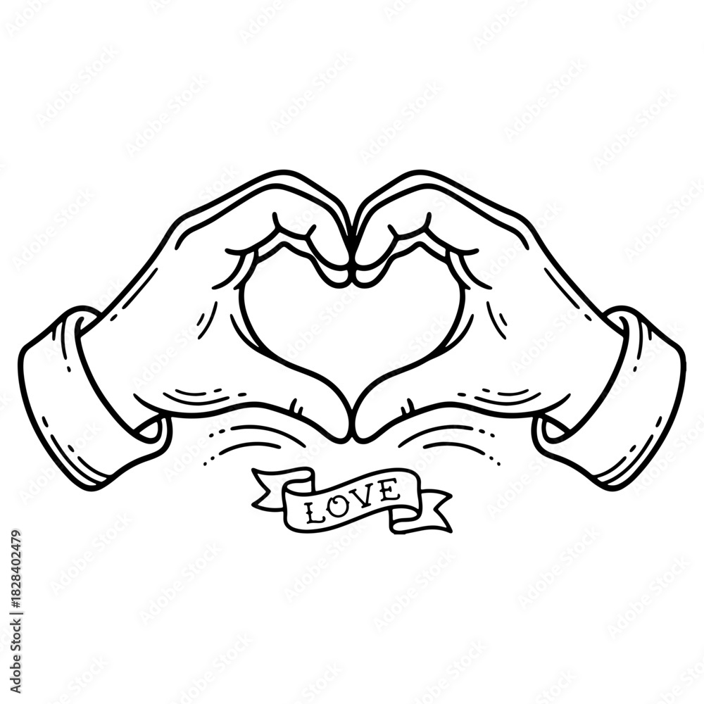 Fototapeta premium Hand drawn hands making heart shape illustration isolated on white. High quality black and white sketch perfect for valentine designs wedding art and love symbols.