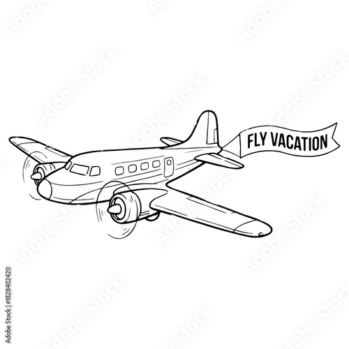 Hand drawn airplane with banner illustration isolated on white. High quality black and white sketch perfect for travel agencies vacation flyers and flight themes.
