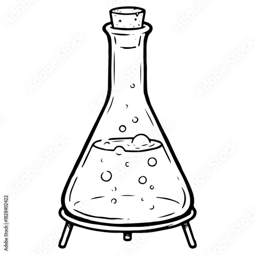 Hand drawn chemistry flask on stand illustration isolated on white. High quality black and white sketch perfect for science labs experiments and educational art.