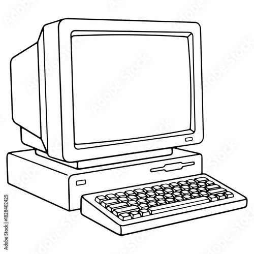 Hand drawn vintage computer illustration isolated on white background. High quality black and white sketch perfect for technology history retro gaming and 90s art.