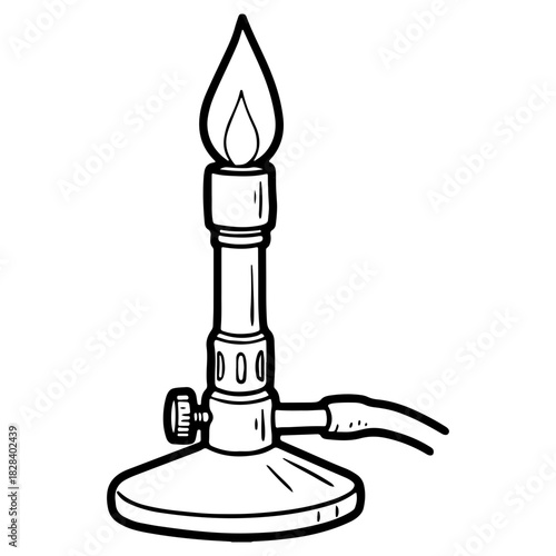 Hand drawn bunsen burner with flame illustration isolated on white. High quality black and white sketch perfect for chemistry labs science equipment and school icons.