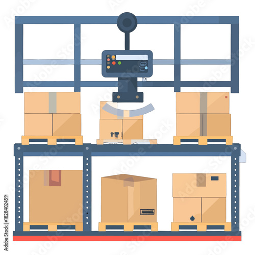 Automated Warehouse System with Robotic Arm and Cardboard Boxes on Shelves in Cool Tones Illustration