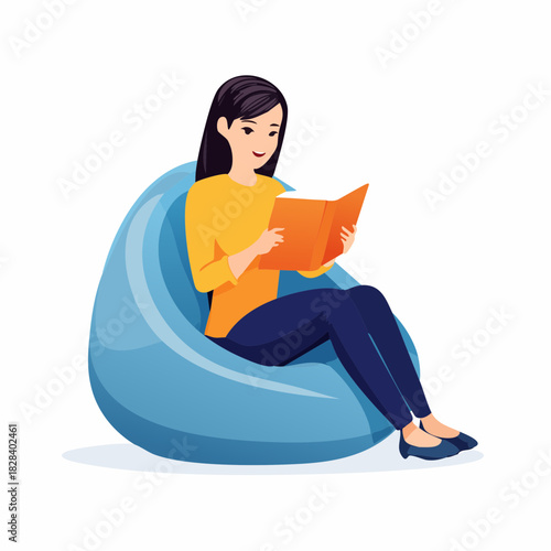 Happy woman relaxing in beanbag chair while reading a book, enjoying leisure time, and gaining knowledge