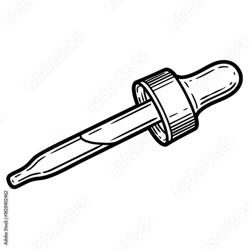 Hand drawn glass dropper or pipette illustration isolated on white. High quality black and white sketch perfect for chemistry labs medical doses and skincare icons.
