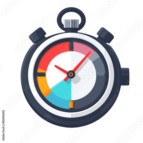 Dark Gray Stopwatch with Red Hand and Colorful Accents on a White Background