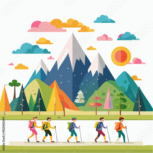 Vibrant flat illustration of a group of hikers trekking through a scenic mountain landscape under a bright sun and fluffy clouds