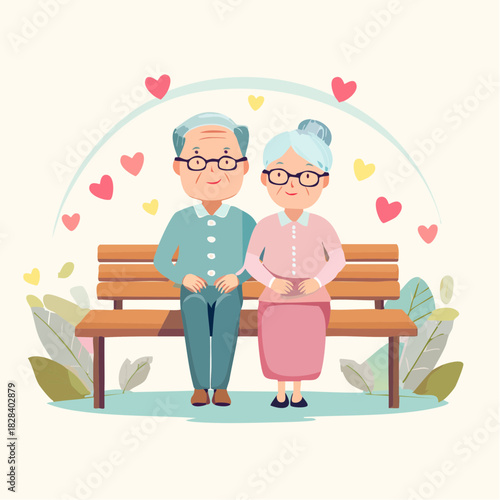 An adorable senior couple shares a romantic moment on a wooden bench. Flat vector art of an old man and woman symbolizing lifelong love and togetherness