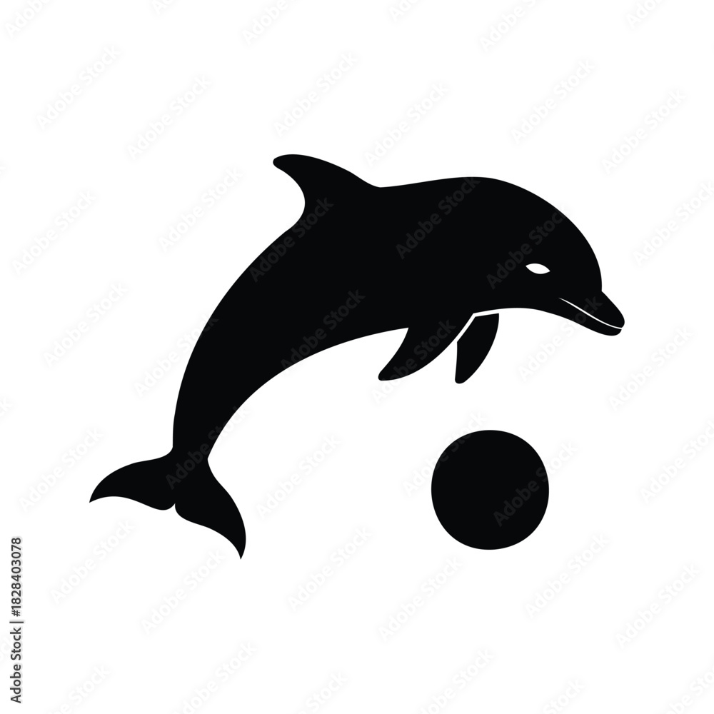 Naklejka premium Black silhouette of a playful dolphin balancing a ball on its nose, dolphin nosing ball silhouette vector illustration