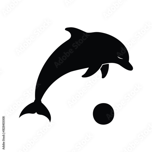 Black and white graphic image of a jumping dolphin with a ball, dolphin nosing ball silhouette vector illustration