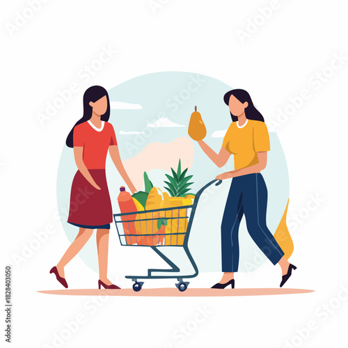 Two modern women enjoying a grocery shopping trip, pushing a full cart of fresh produce and daily essentials in a vibrant supermarket, illustrating a healthy and convenient lifestyle