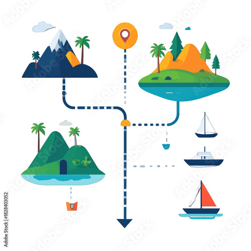 Route Map of Tropical Islands with Mountains and Sailing Boats on White Background Flat Design Travel Destination