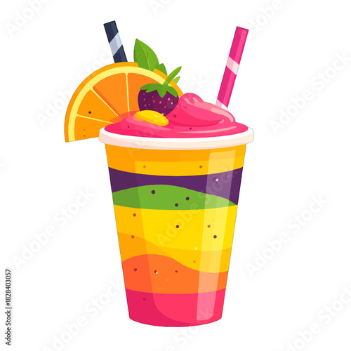 Pixelated Rainbow Smoothie in Plastic Cup Topped with Orange and Berry on White Background