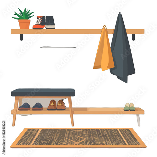 Cozy Entrance Hall with Wooden Shelf Shoes Bench Plant and Neutral Colors Home Interior Decor in Flat Vector Illustration Style