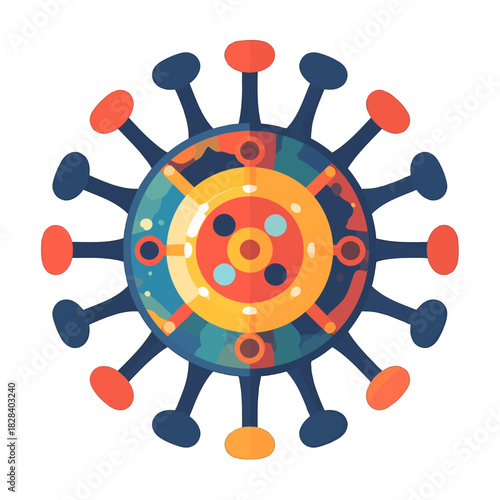 Abstract Viral Structure with Circular Core and Radial Spikes in Blue and Orange