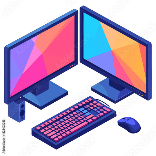 Isometric View of Two Monitors with Geometric Displays and Keyboard Mouse Pixel Art Style on White Background