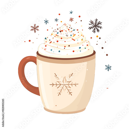 Creamy Hot Chocolate in Beige Mug with Sprinkles and Snowflakes Festive Winter Beverage Illustration