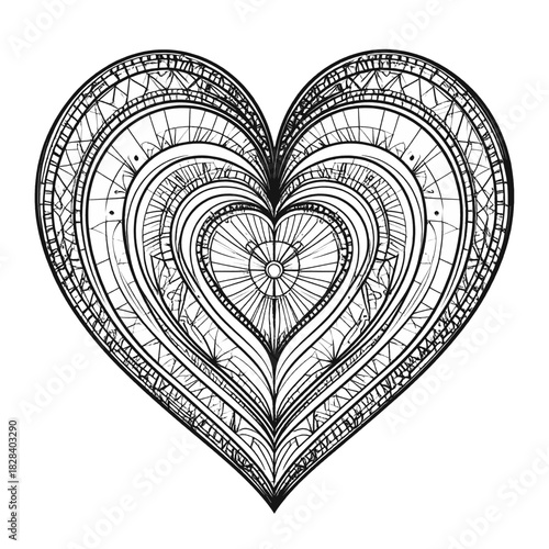 Detailed Concentric Hearts Illustration in Intricate Line Pattern on White Background
