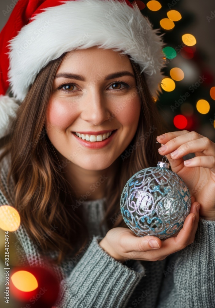 Naklejka premium Smiling woman in a Santa hat, feeling happy, holding a Christmas bauble, against a bokeh tree background