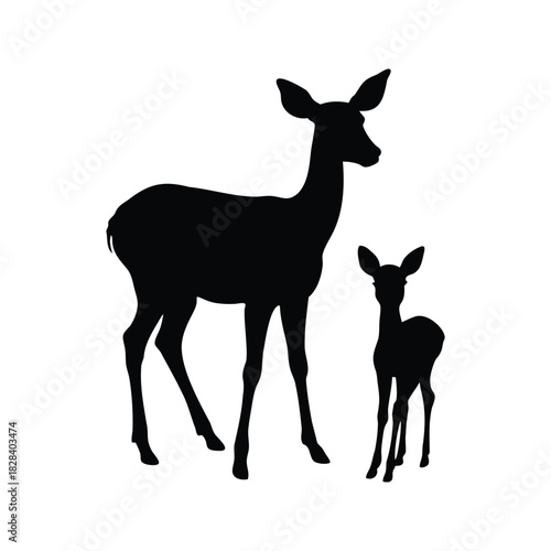 Silhouette of a doe and fawn standing together in a field, fawn standing beside doe silhouette vector illustration