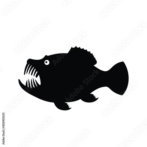 Silhouette of a Deep Sea Angler Fish with Large Teeth Displayed, fish reacting to light silhouette vector illustration