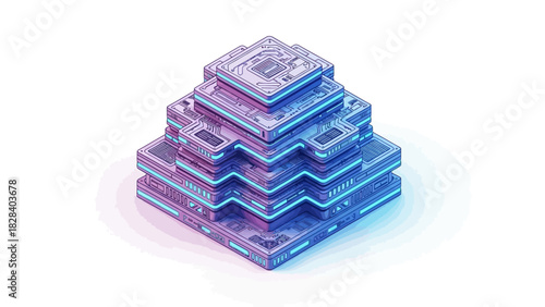 Isometric pyramid of circuit boards glowing neon colors representing technology and data storage