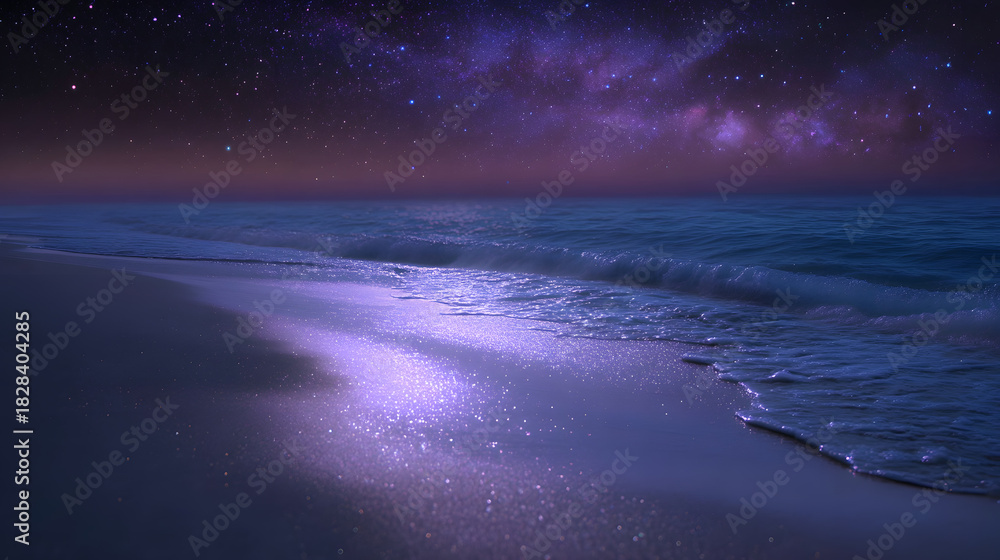 Naklejka premium Starry Beach Serenity: A tranquil coastal scene unfolds under the celestial canvas, where the gentle ocean meets the sandy shore, creating a mesmerizing blend of water and starlight.