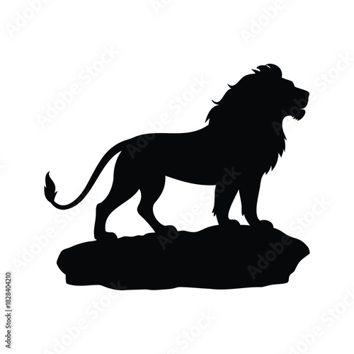 Lion Silhouette Majestic King Standing Watchfully on a Rock Outcrop, lion standing on rock silhouette vector illustration