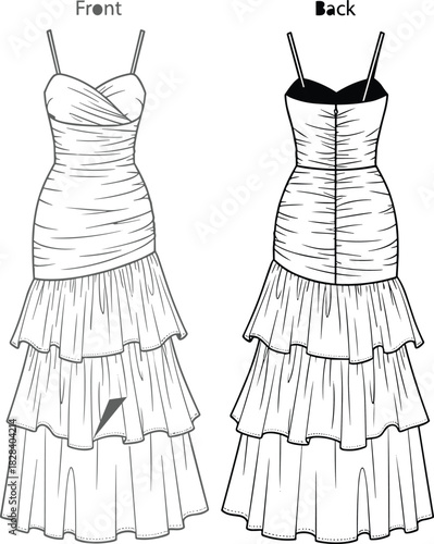 Women's Ruched Bodice Tiered Ruffle Skirt Maxi Dress Vector Flat Illustration, Elegant Spaghetti Strap Evening Gown Technical Sketch.