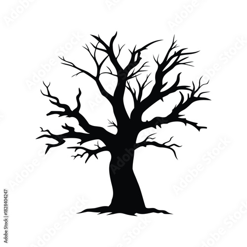 A stark silhouette of a bare tree against a bright white background, old broken dead tree silhouette vector illustration