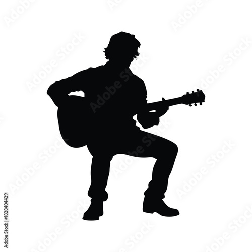 Silhouette of a man playing the acoustic guitar in seated position, person playing guitar silhouette vector illustration