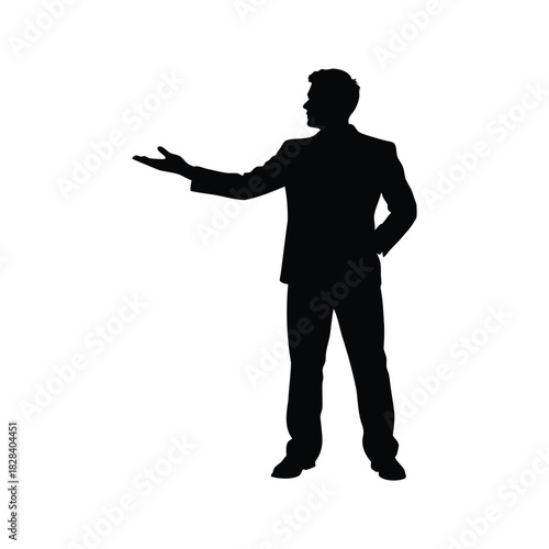 A silhouette of a businessman with his hand extended in presentation stance, person presenting silhouette vector illustration