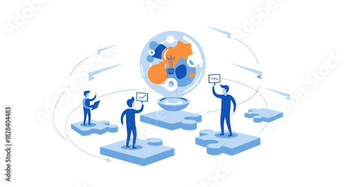 Collaborative Team Strategy and Innovation: Business Professionals Working Together to Solve Puzzles and Generate New Ideas (Vector)