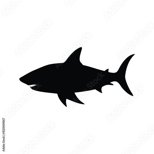 Menacing black silhouette of a shark swimming across a white background, shark showing dorsal silhouette vector illustration