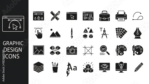 Solid vector icons collection featuring templates, layouts, flowcharts, diagrams, forms, wireframes, tables, grids, onboarding, IT support, communication, business structure, budget, and advertising.