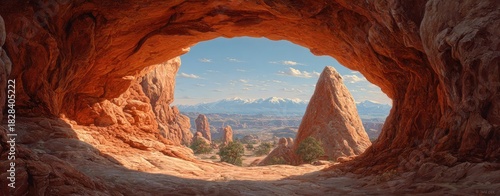 A landscape perspective through a rock arch opening onto a vista of mesas, mountains, and blue sky