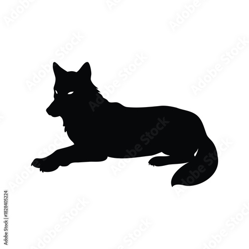 Silhouette of a recumbent wolf with glowing eyes, captured in dramatic simplicity, wolf lying down silhouette vector illustration