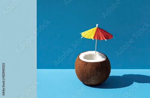 Coconut half with a colorful umbrella on a vivid blue background, evoking a beach vibe