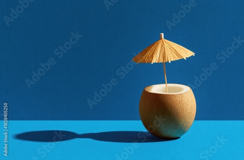 A halved coconut drink with paper parasol against a vibrant blue backdrop, casting a shadow