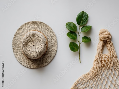 Overhead shot of a beige hat, green leaf branch, and eco-friendly string bag