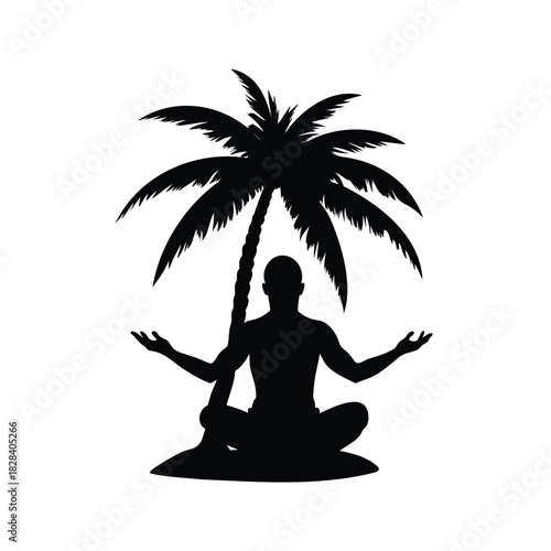 Silhouette of a person meditating under a palm tree in serenity, yoga pose under palm tree silhouette vector illustration