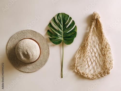 Neutral-toned flat lay of summer essentials hat, monstera leaf, and net bag, arranged on cream backdrop